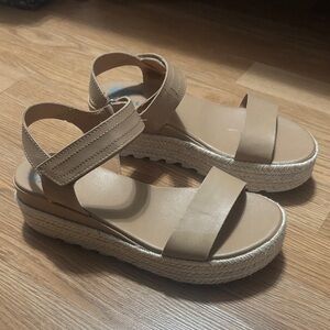 Sorel Womens‎ 7.5 Beige Leather Espadrille Platform Wedge Sandals